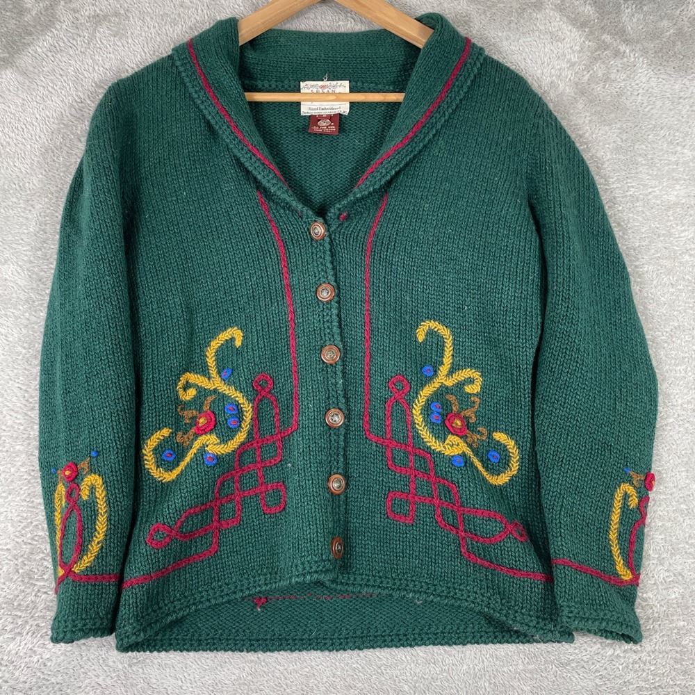 Vintage Susan Bristol Wool Cardigan Womens Small Green Hand Embroidered Cottage